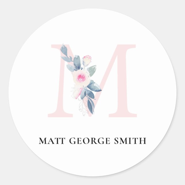 BLUSH BLUE FLORAL ALPHABETS NAME LETTER RUNDER AUFKLEBER (Vorderseite)
