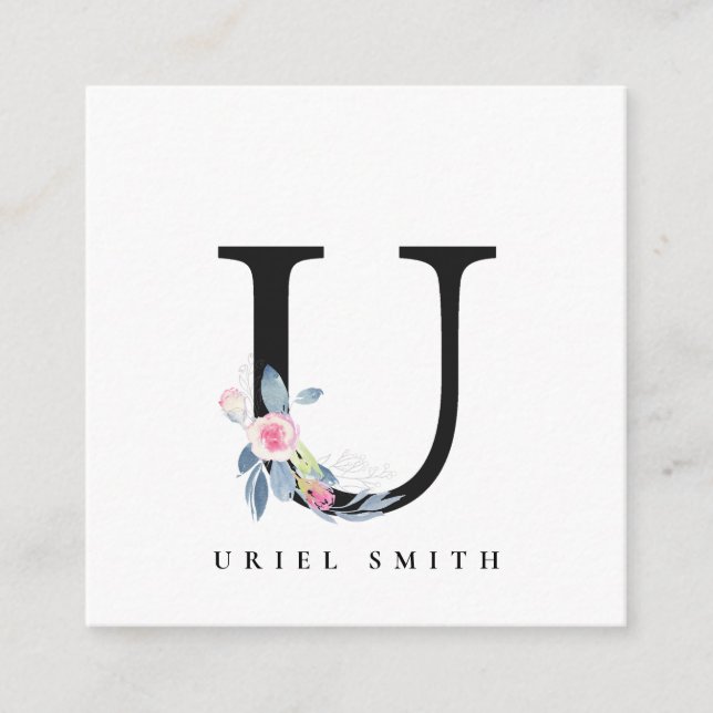 BLUSH BLUE FLORAL ALPHABETS NAME LETTER U QUADRATISCHE VISITENKARTE (Vorderseite)