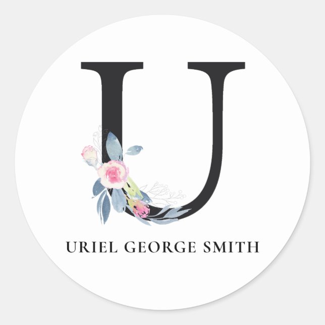 BLUSH BLUE FLORAL ALPHABETS NAME LETTER U RUNDER AUFKLEBER (Vorderseite)