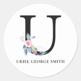 BLUSH BLUE FLORAL ALPHABETS NAME LETTER U RUNDER AUFKLEBER