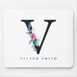 BLUSH BLUE FLORAL ALPHABETS NAME LETTER V MOUSEPAD