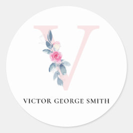 BLUSH BLUE FLORAL ALPHABETS NAME LETTER V RUNDER AUFKLEBER