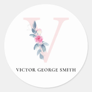 BLUSH BLUE FLORAL ALPHABETS NAME LETTER V RUNDER AUFKLEBER