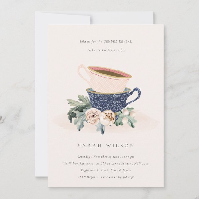 Blush Blue Floral Baby Shower Gender Reveale Einla Dankeskarte (Vorderseite)