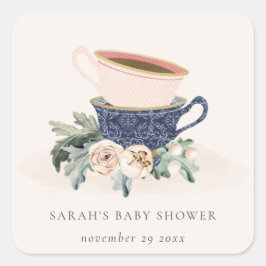 Blush Blue Floral gestapelte Teebeutel Babydusche Quadratischer Aufkleber