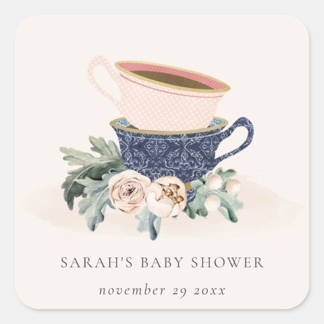 Blush Blue Floral gestapelte Teebeutel Babydusche Quadratischer Aufkleber (Vorderseite)