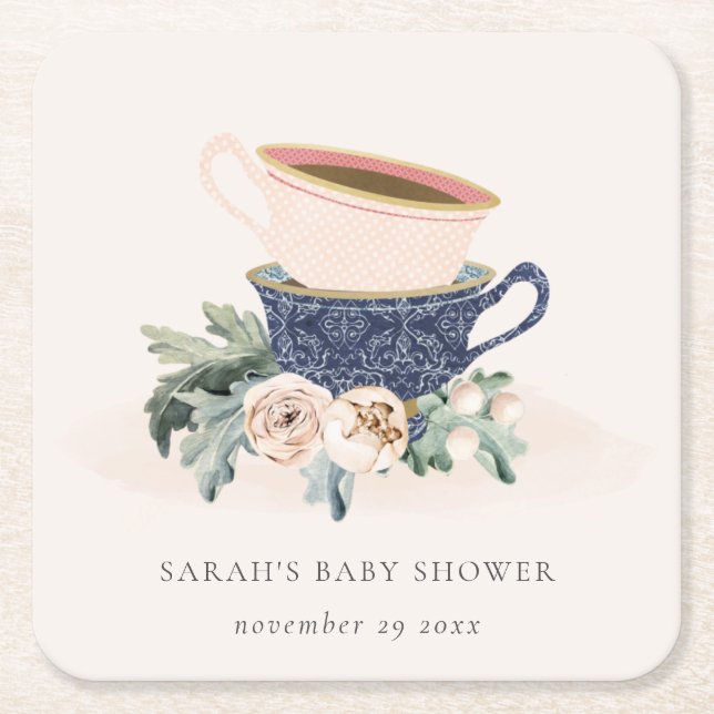 Blush Blue Floral gestapelte Teebeutel Babydusche Rechteckiger Pappuntersetzer (Vorderseite)