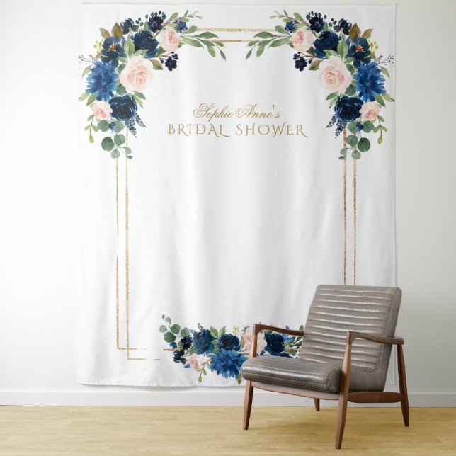 Blush Blue Floral Gold Brautparty Foto Booth Wandteppich (Beispiel)