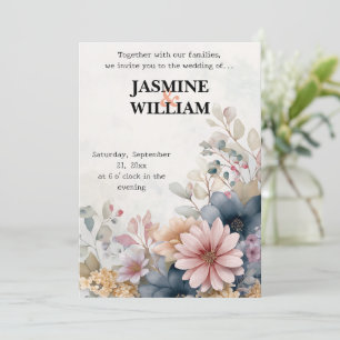 🌺 Blush & Blue Floral Hochzeit Einladung 💌 🌿