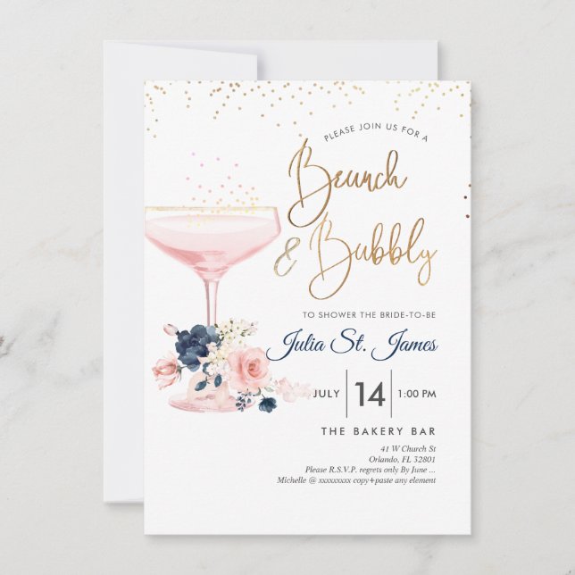 Blush+Blue Flowers Brunch Bubbly Pink Champagne Einladung (Vorderseite)