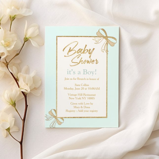 Blush Blue Glitzer Boy Baby Dusche Einladung (Blush blue gold glitter bow Boy Baby Shower)