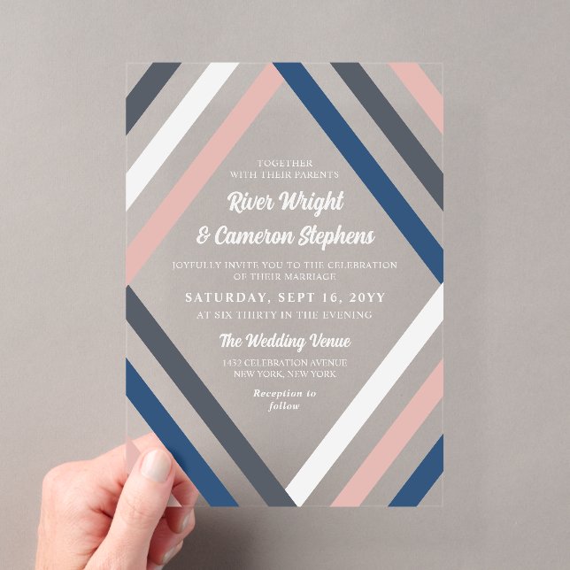 Blush Blue Gray Diamond Streifen Moderne Hochzeit Acryleinladungen (Insitu (Handheld))