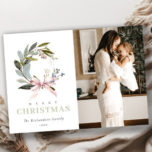 Blush Blue Green Winter Weihnachtskranz Foto Feiertagskarte