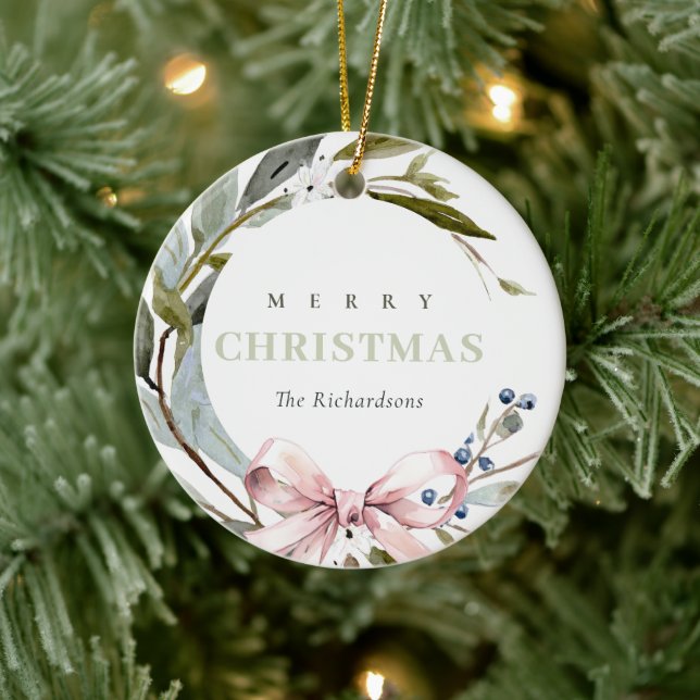 Blush Blue Green Winter Weihnachtskranz Foto Keramik Ornament (Baum)
