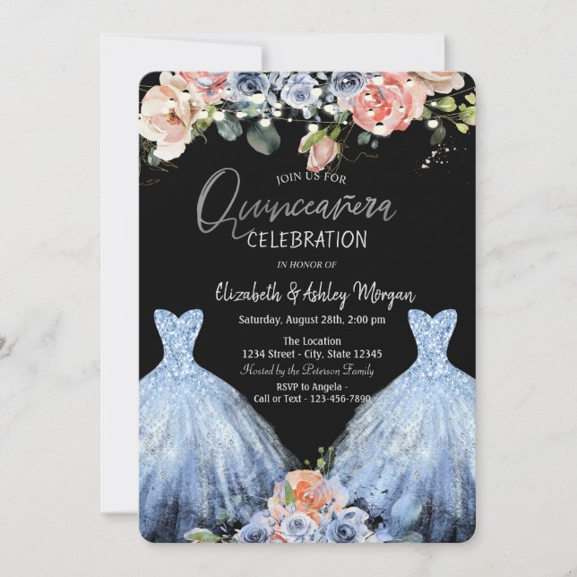 Blush Blue Rose Blue Glitzer Dress Einladung (Vorderseite)