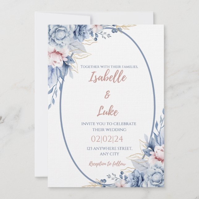 Blush & Blue Rose Goldene Romantik Hochzeitseinlad Einladung (Vorderseite)