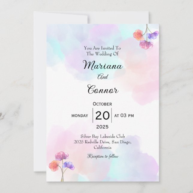 Blush & Blue Watercolor Einladungen für Hochzeiten (Vorderseite)