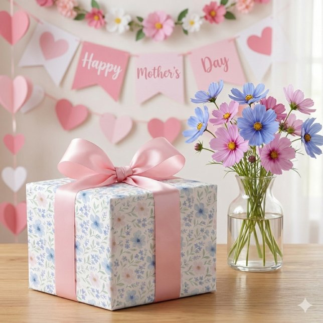 Blush Blue Watercolor Floral Blooms Geschenkpapier (Floral watercolor gift wrap with pink bow, cosmos bouquet, and soft Mother's Day backdrop.)