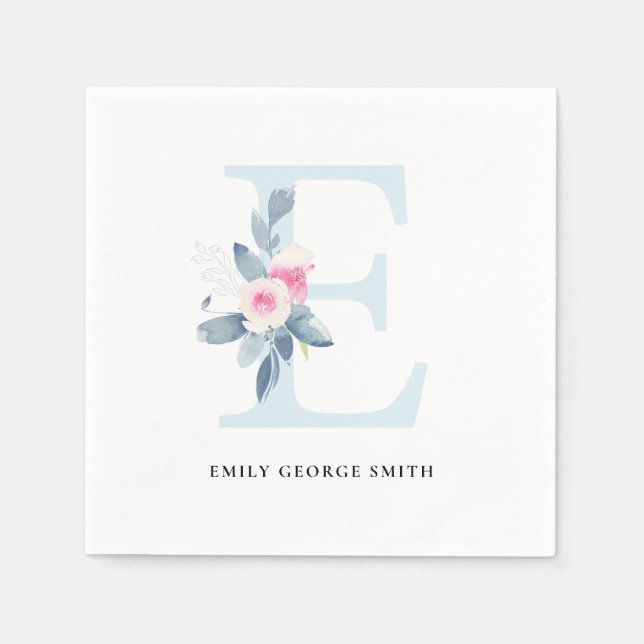 BLUSH BLUE WHUE BLLORAL ALPHABETS LETTER E SERVIETTE (Vorderseite)