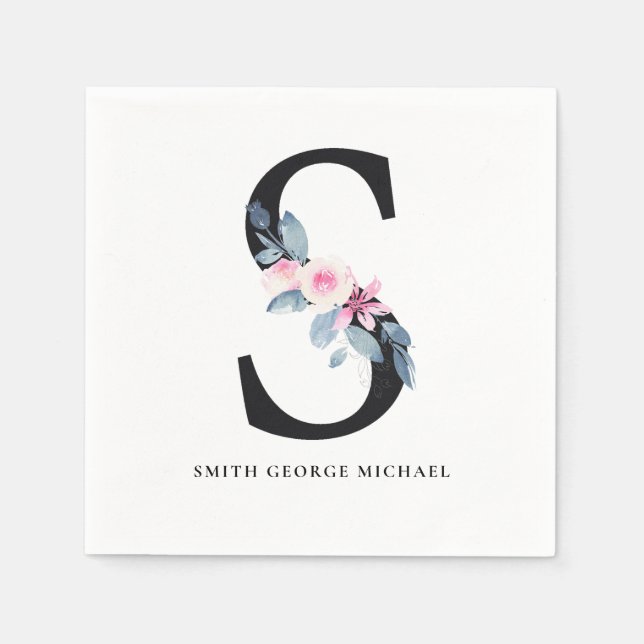 BLUSH BLUE WHUE BLLORAL ALPHABETS LETTER S SERVIETTE (Vorderseite)