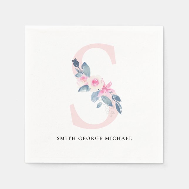BLUSH BLUE WHUE BLLORAL ALPHABETS LETTER S SERVIETTE (Vorderseite)
