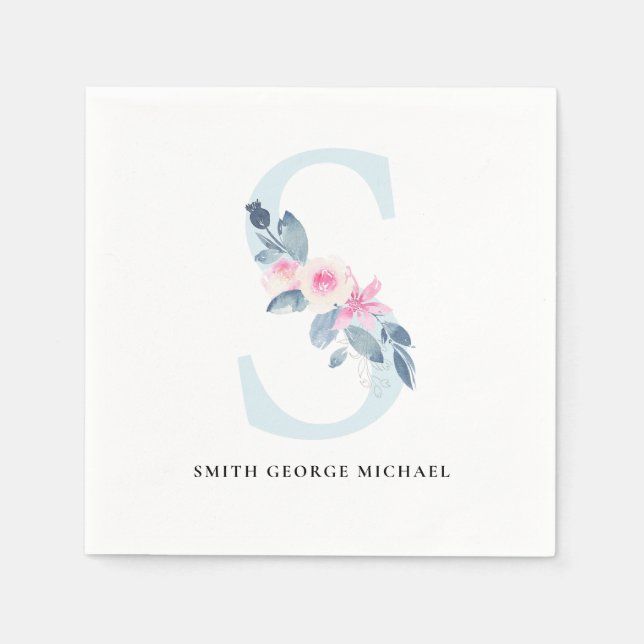 BLUSH BLUE WHUE BLLORAL ALPHABETS LETTER S SERVIETTE (Vorderseite)