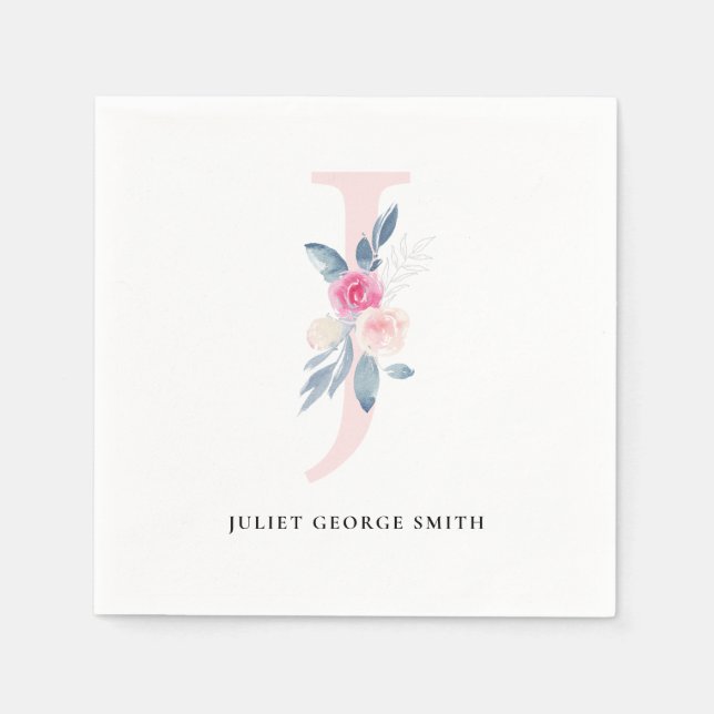 BLUSH BLUE WHUE BLLORAL ALPHABETS SCHREIBEN J SERVIETTE (Vorderseite)