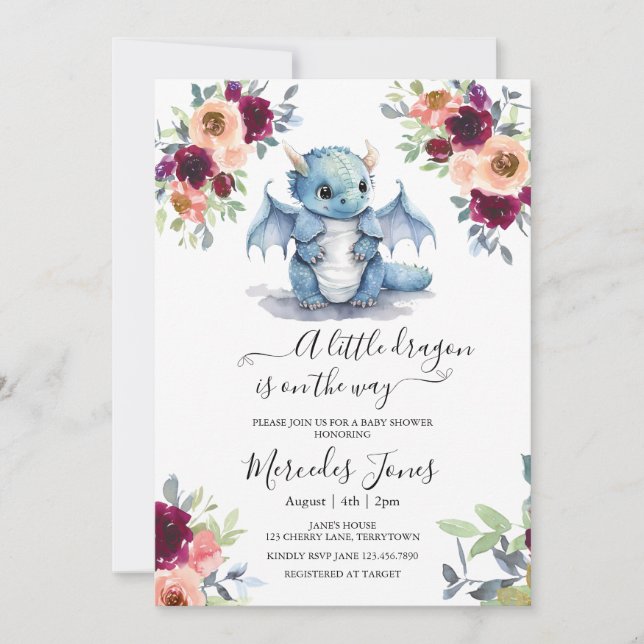 Blush Blues Blues Dragon Baby Dusche Einladung (Vorderseite)