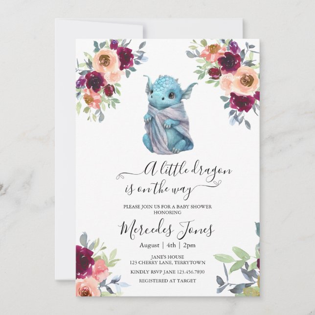 Blush Blues Blues Dragon Baby Dusche Einladung (Vorderseite)