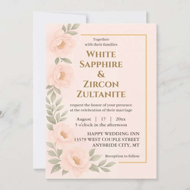 Blush-Blues-Hochzeitsempfang mit Goldrahmen Einladung (Vorderseite)