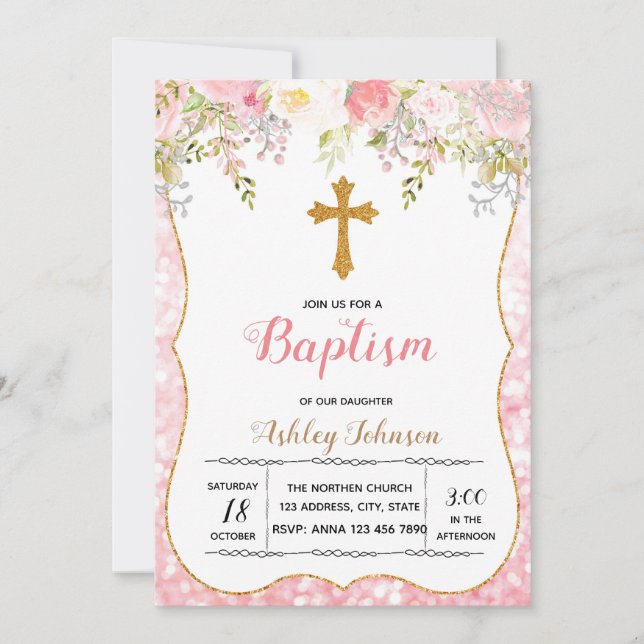 Blush Blume Glitzer Taufe Party Einladung (Vorderseite)