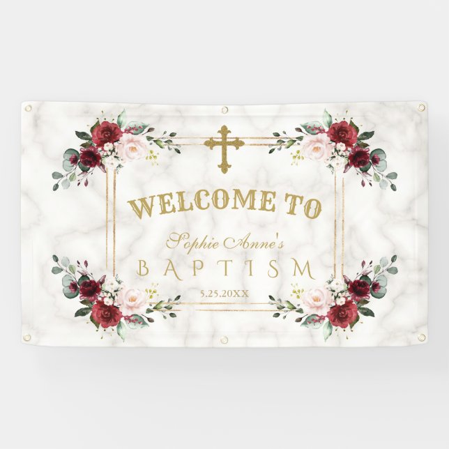 Blush Blume Gold Marmortaufe Begrüßungszeichen Banner (Horizontal)