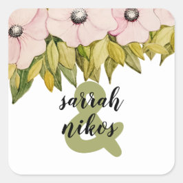 Blush-Blume Grün Mit Monogramm Quadratischer Aufkleber
