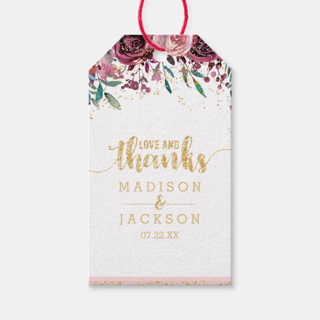 Blush Blume Streifen & Gold Hochzeit Liebe & Danke Geschenkanhänger (Vorderseite)