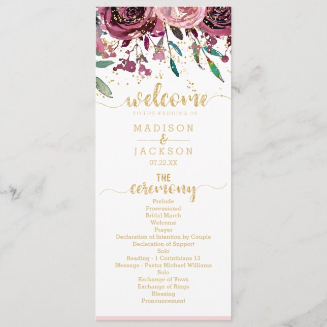Blush Blume Streifen & Gold Hochzeitsprogramm Programm (Vorderseite)