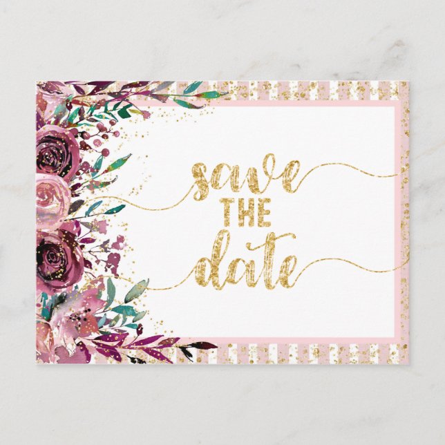 Blush-Blume Streifen und Hochzeiten speichern Sie  Ankündigungspostkarte (Vorderseite)