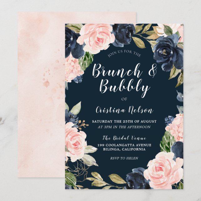 Blush-Blume und Navy-Brunch & Bubbly-Brautparty Einladung (Vorne/Hinten)