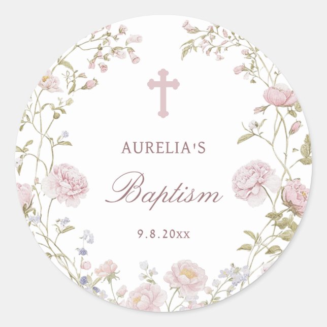 Blush-Blumen-Taufe Runder Aufkleber (Vorderseite)