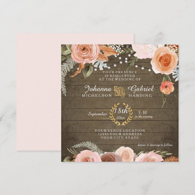 Blush Blumenfall Rustikaler Wald Grüne Blätter Einladung (Vorne/Hinten)