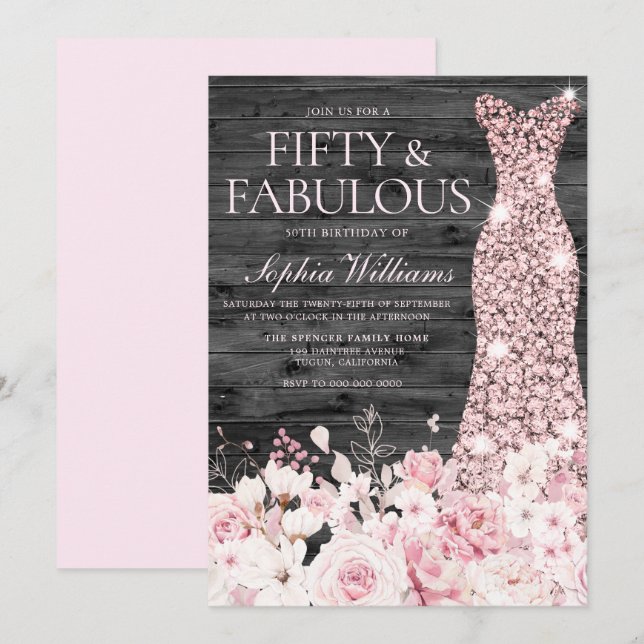 Blush Blumenkleid Rustikale Holzkohle 50. Geburtst Einladung (Vorne/Hinten)