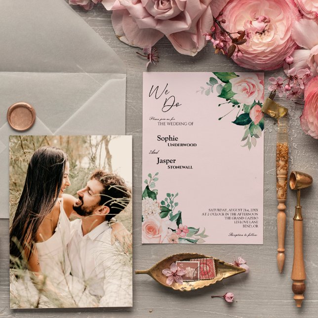 Blush Blumenrosa Wir machen Foto Hochzeit Einladun Einladung (Von Creator hochgeladen)