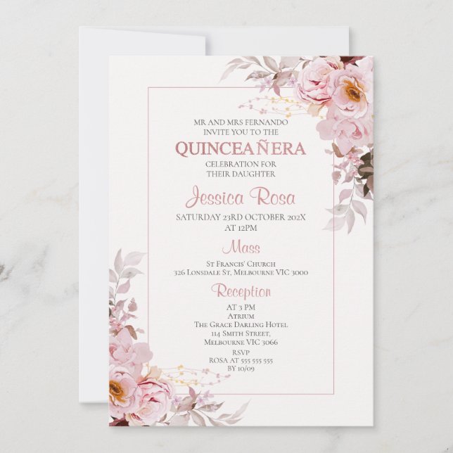 Blush Boho Cadre Floral Quinceañera invitation (Devant)