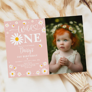 Blush Boho Daisy Floral Wild Ein Foto Geburtstag Einladung