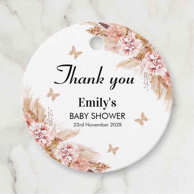 Blush Boho Floral Butterfly Kisses Baby Dusche Geschenkanhänger (Vorderseite)