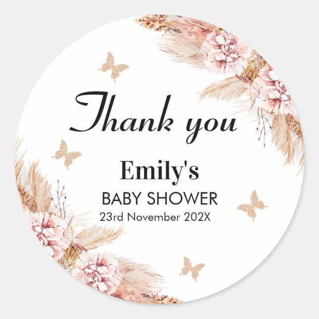 Blush Boho Floral Butterfly Kisses Baby Dusche Runder Aufkleber (Vorderseite)