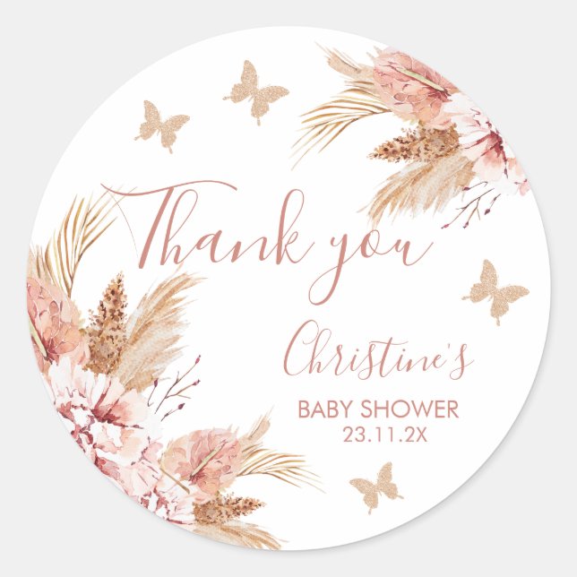 Blush Boho Floral Butterfly Kisses Baby Dusche Runder Aufkleber (Vorderseite)