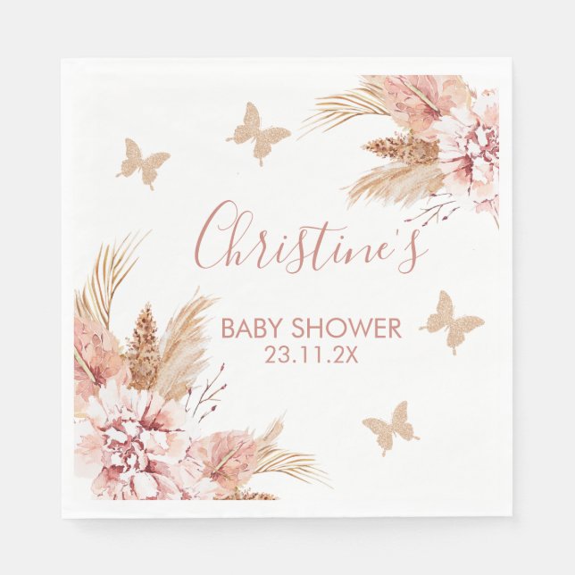 Blush Boho Floral Butterfly Kisses Baby wünscht Serviette (Vorderseite)