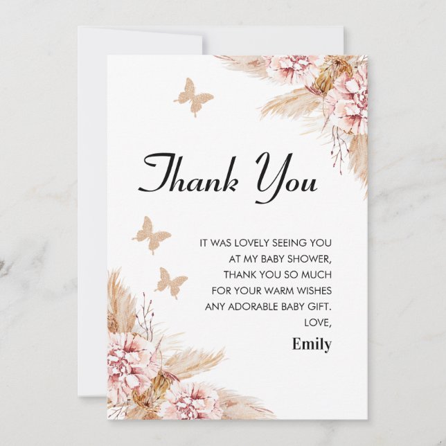 Blush Boho Floral Butterfly Kisses Danke Karte (Vorderseite)
