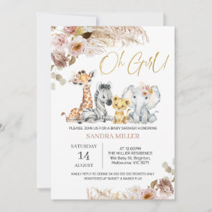 Blush Boho Floral Oh Girl Safari Babydusche Einladung
