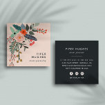 Blush | Boho Floral Quadratische Visitenkarte<br><div class="desc">Lighthearted floral business cards in a unique square format feature a boho style bouquet in shades of coral and green, accented with a feather and greenery. Add your name and business name or title/occupation in the lower right corner, against a pale blush pink background. Cards reverse to white lettering on...</div>